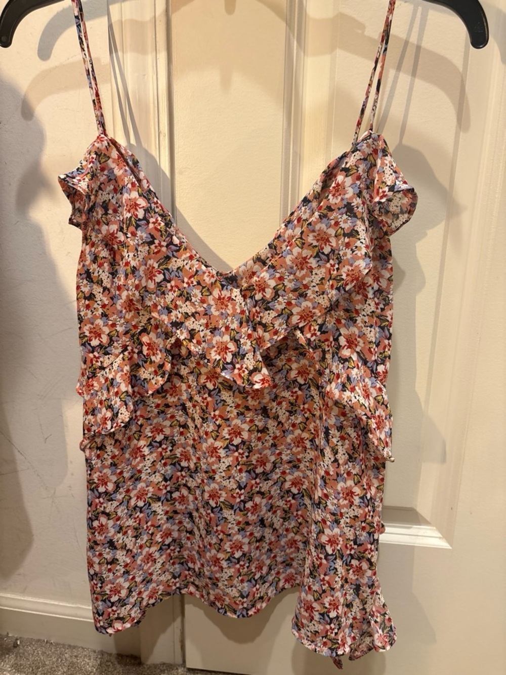 Zara Floral Ruffle Spaghetti-Strap Tank Top — Pink Multi